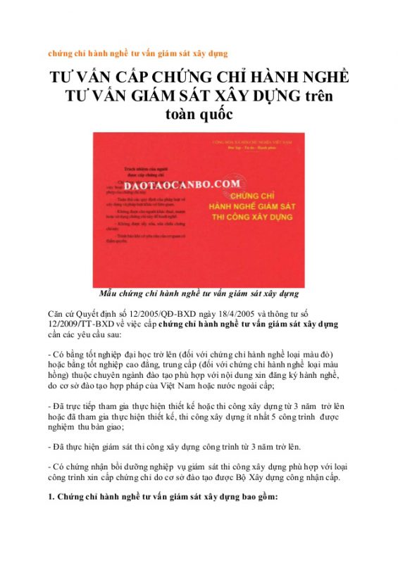 Chứng chỉ TƯ VẤN GIÁM SÁT (THI CÔNG)