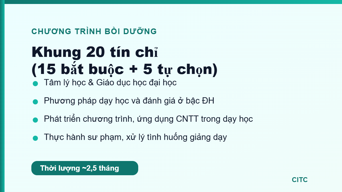 Nội dung chương trình nghiệp vụ sư phạm giảng viên đại học 20 tín chỉ