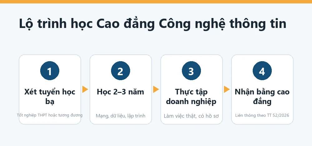 Sơ đồ lộ trình học cao đẳng công nghệ thông tin tại Ninh Bình: xét tuyển, học 2 đến 3 năm, thực tập, nhận bằng, liên thông