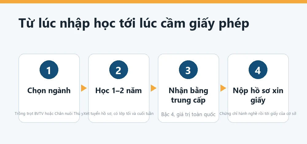 Sơ đồ bốn bước từ lúc nhập học trung cấp tới lúc cầm giấy chứng nhận đủ điều kiện buôn bán tại Tây Ninh