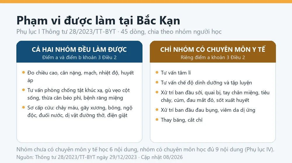 Sơ đồ phạm vi hoạt động của nhân viên y tế cơ sở giáo dục tại Bắc Kạn theo Phụ lục I Thông tư 28/2023/TT-BYT, phân biệt nhóm có chuyên môn y tế và nhóm chưa có