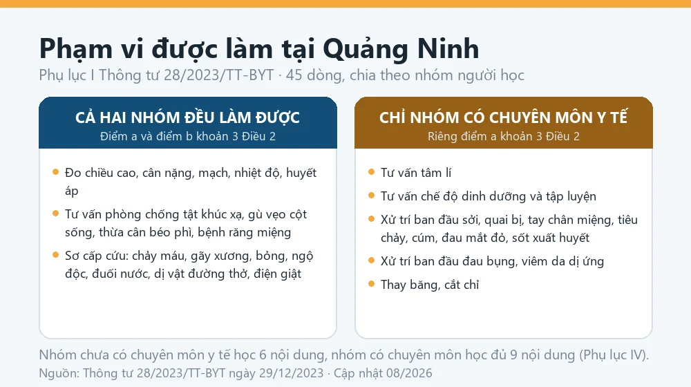 Sơ đồ phạm vi hoạt động của nhân viên y tế cơ sở giáo dục tại Quảng Ninh theo Phụ lục I Thông tư 28/2023/TT-BYT, phân biệt nhóm có chuyên môn y tế và nhóm chưa có
