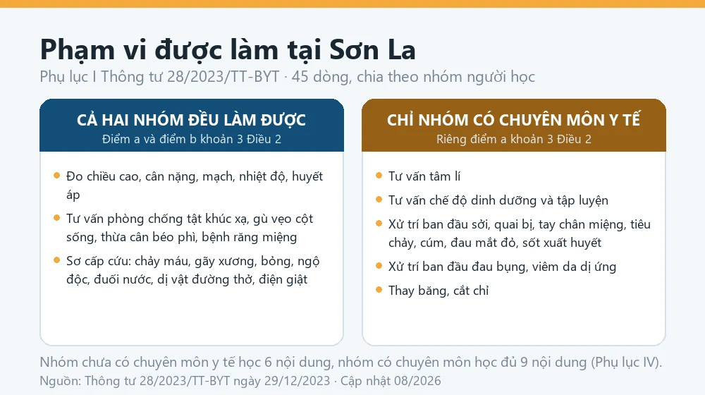 Sơ đồ phạm vi hoạt động của nhân viên y tế cơ sở giáo dục tại Sơn La theo Phụ lục I Thông tư 28/2023/TT-BYT, phân biệt nhóm có chuyên môn y tế và nhóm chưa có
