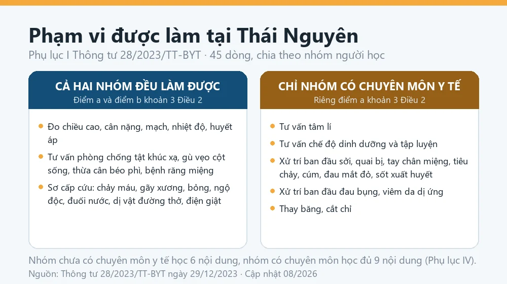 Sơ đồ phạm vi hoạt động của nhân viên y tế cơ sở giáo dục tại Thái Nguyên theo Phụ lục I Thông tư 28/2023/TT-BYT, phân biệt nhóm có chuyên môn y tế và nhóm chưa có