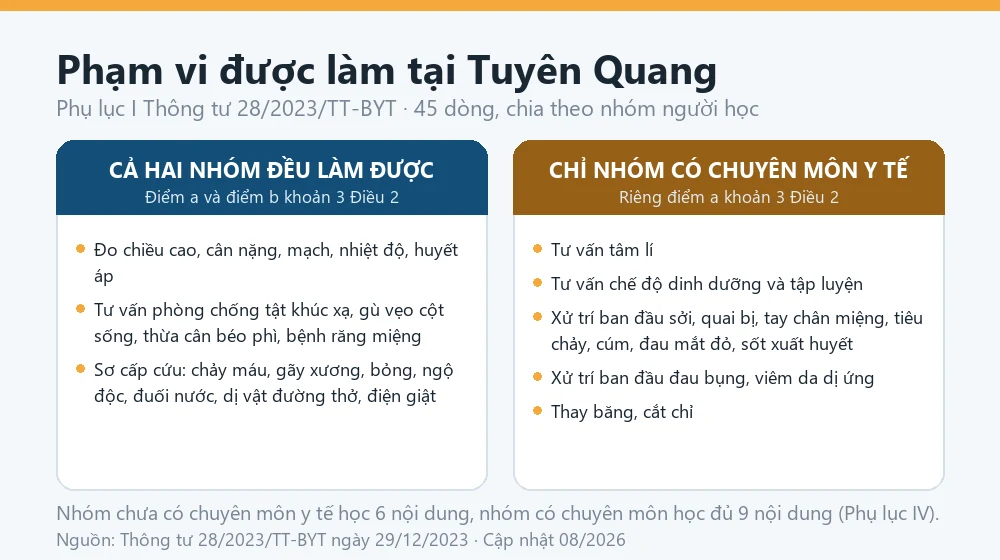 Sơ đồ phạm vi hoạt động của nhân viên y tế cơ sở giáo dục tại Tuyên Quang theo Phụ lục I Thông tư 28/2023/TT-BYT, phân biệt nhóm có chuyên môn y tế và nhóm chưa có